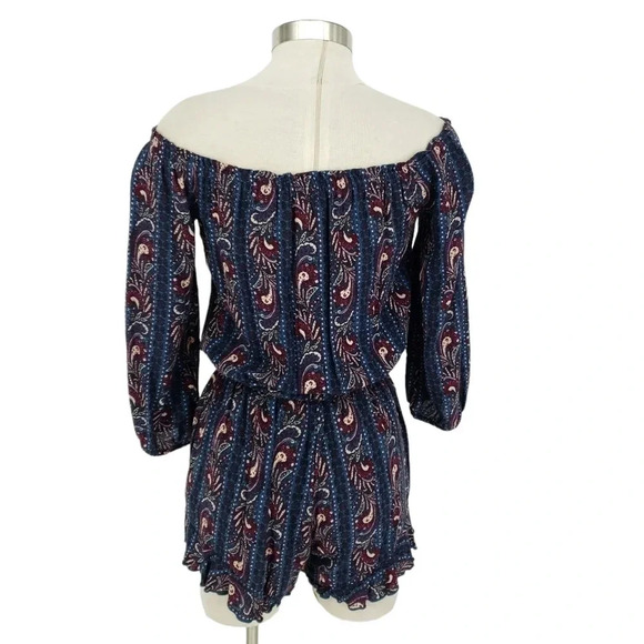American Eagle Shorts Romper Teal Floral Off Shoulder Stretch Waist Playsuit - Picture 5 of 8